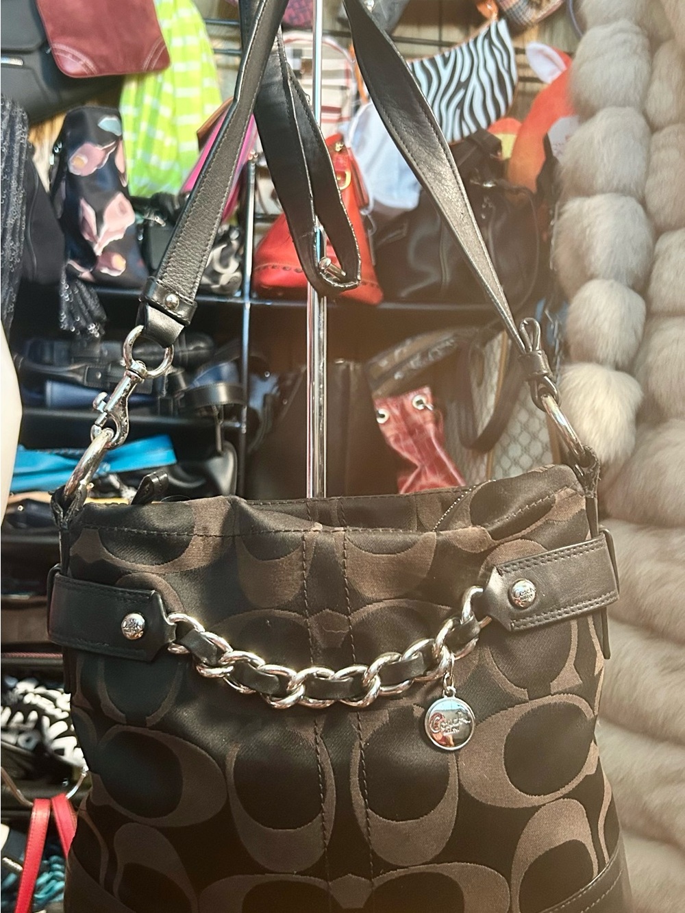 2011 Coach Brown Signature Chain-Trim Duffle Hobo Shoulder Bag